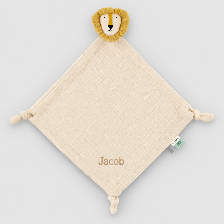 Personalised Trixie Lion baby comforter in beige with Jacob embroidered, baby gift UAE