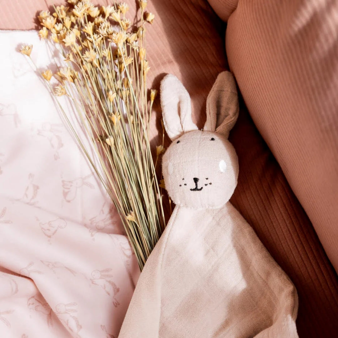 Trixie Rabbit baby comforter styled in a nursery setting, soft baby gift UAE