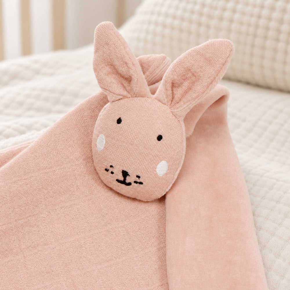 Pink Trixie Rabbit baby comforter close-up, soft muslin comforter for newborns UAE