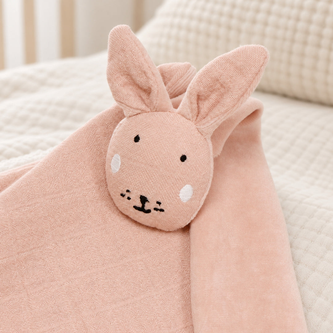 Pink Trixie Rabbit baby comforter close-up, soft muslin comforter for newborns UAE