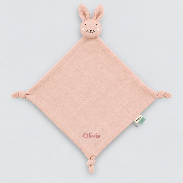 Personalised Trixie Rabbit baby comforter in pink with Olivia embroidered, baby gift UAE