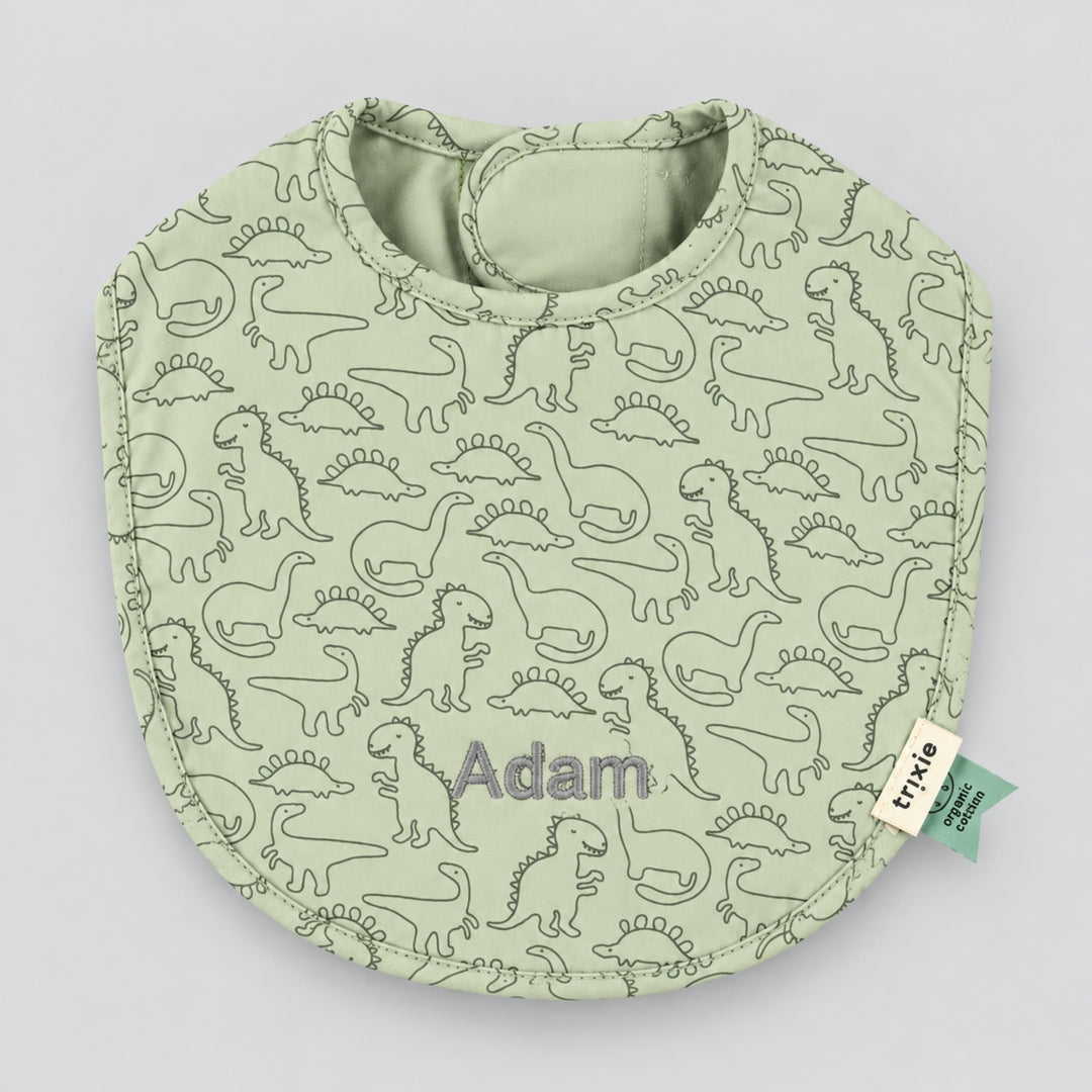 Personalised green Trixie dinosaur baby bib with Adam embroidered, UAE