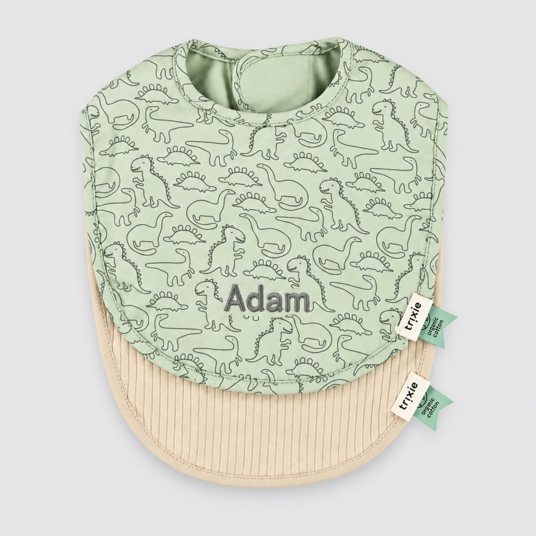 Trixie dinosaur and beige personalised baby bib set with Adam embroidered, UAE