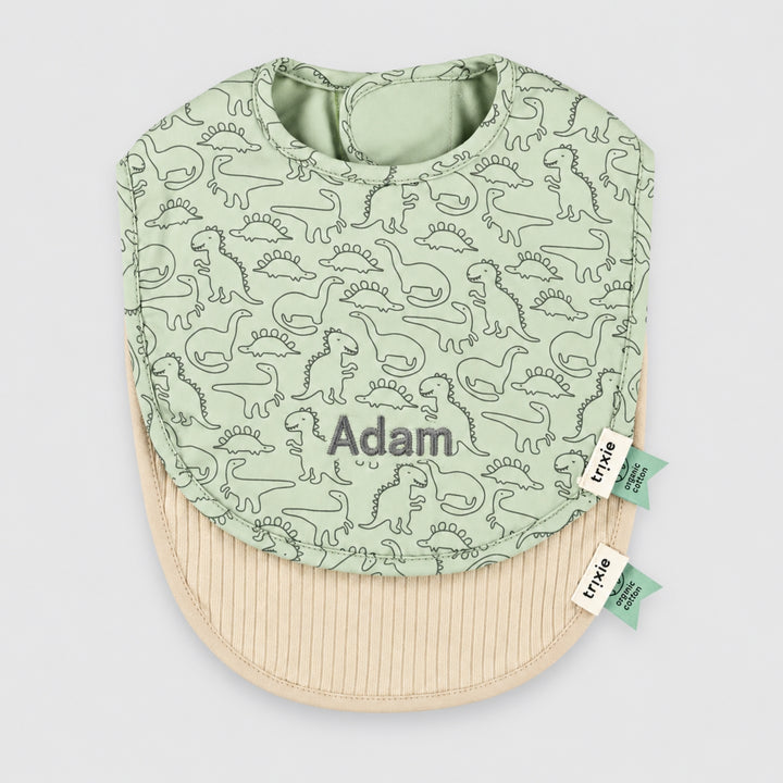 Trixie dinosaur and beige personalised baby bib set with Adam embroidered, UAE