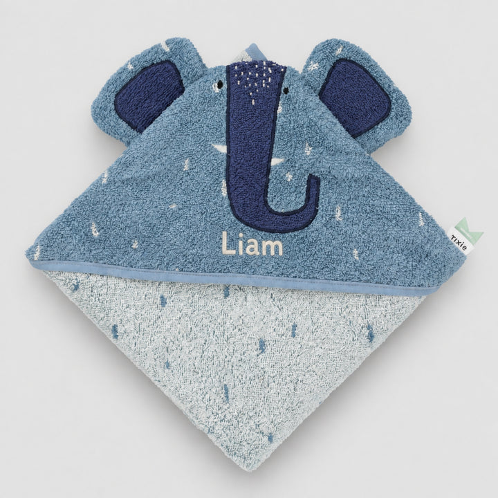 Personalised Trixie Elephant hooded baby towel in blue with Liam embroidered, baby bath gift UAE
