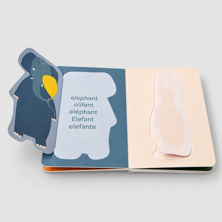 Open Trixie Flip Flap board book with elephant and bunny flap pages, interactive baby learning book UAE