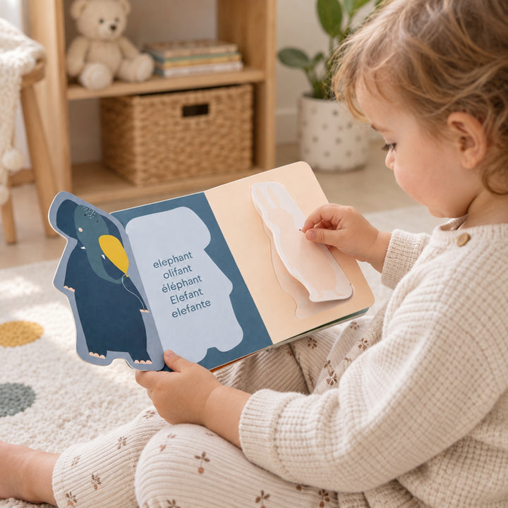Toddler reading Trixie Flip Flap board book with animal illustrations and lift-the-flap pages, baby book UAE