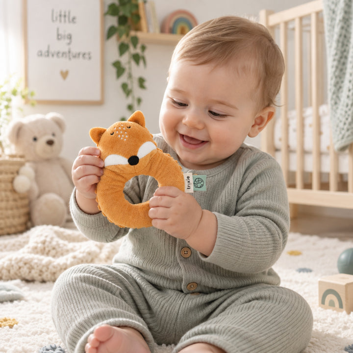 Baby playing with Trixie Fox soft rattle toy in nursery, baby sensory toy UAE
