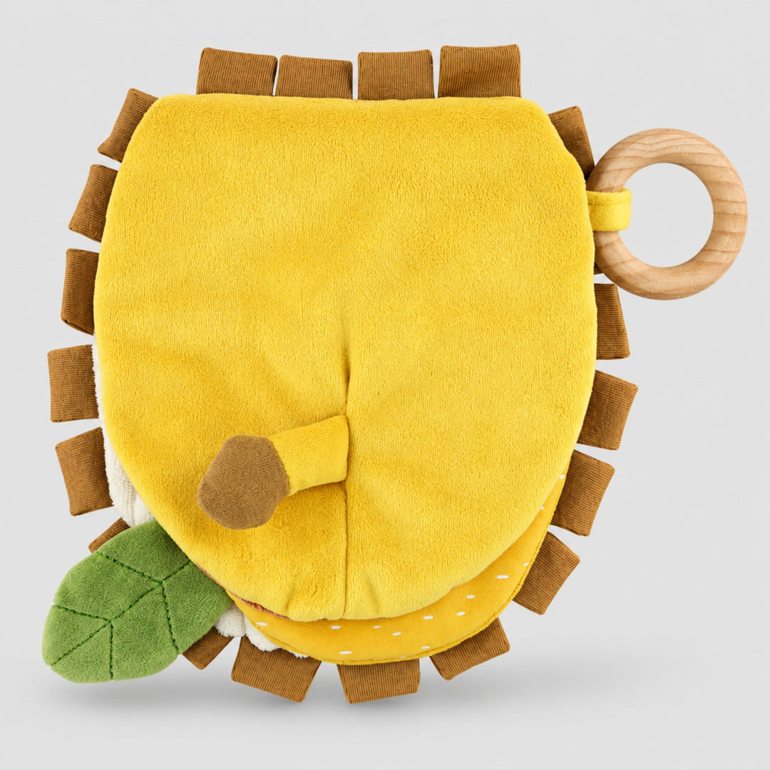Back of Trixie Lion sensory book with soft tail and activity details, baby gift UAE