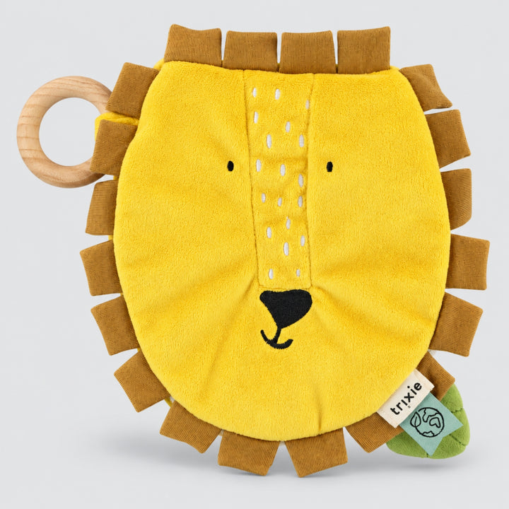 Trixie Lion sensory activity book in yellow with wooden ring, soft baby toy UAE