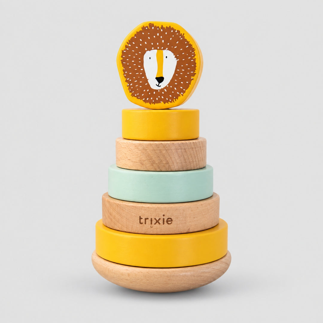 Trixie Lion wooden stacking ring toy in yellow and mint, baby gift UAE