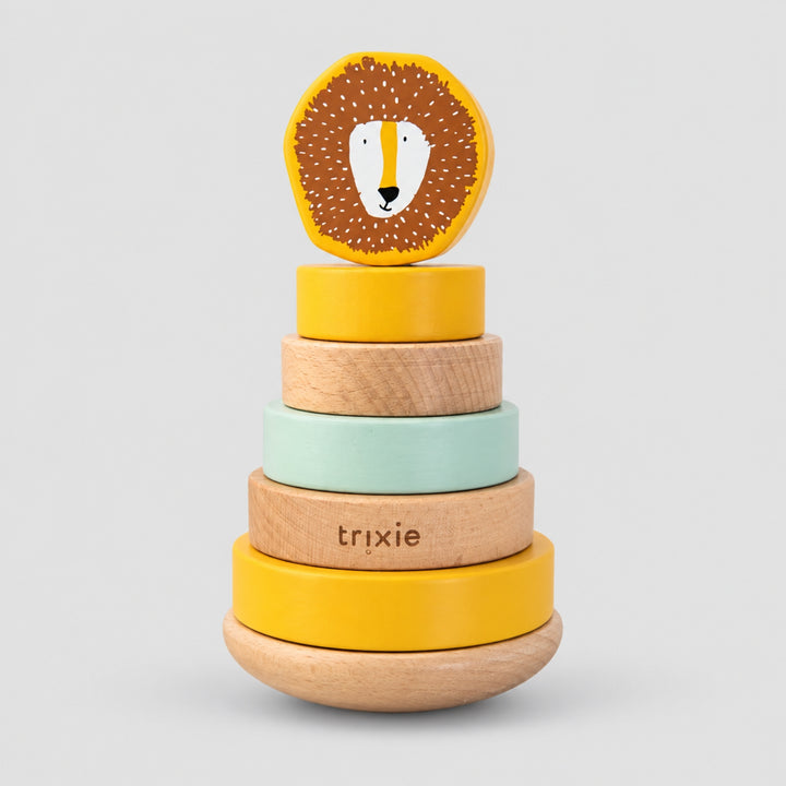 Trixie Lion wooden stacking ring toy in yellow and mint, baby gift UAE