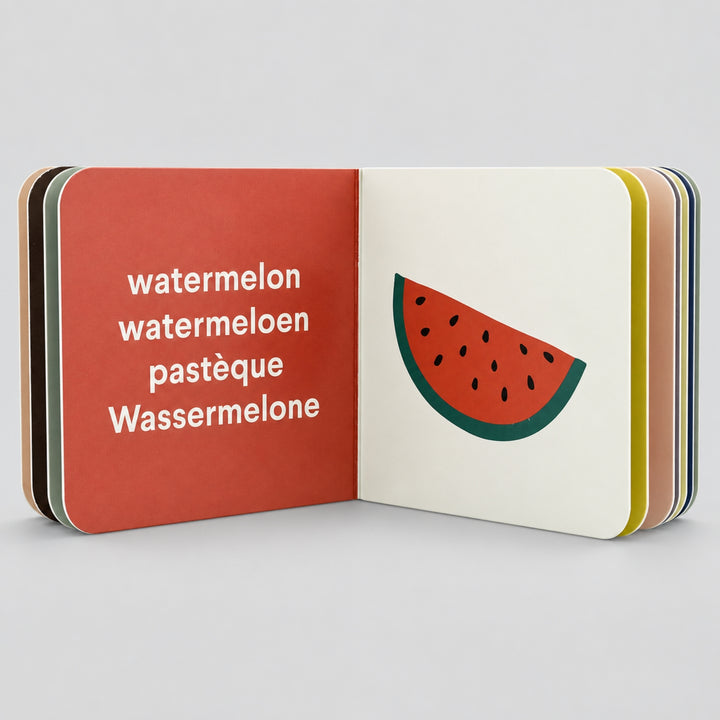 Open Trixie Fruit board book with watermelon illustration and multilingual words, baby learning book UAE
