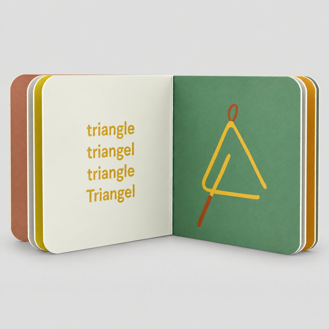 Open Trixie Instruments board book with triangle illustration and multilingual words, toddler book UAE