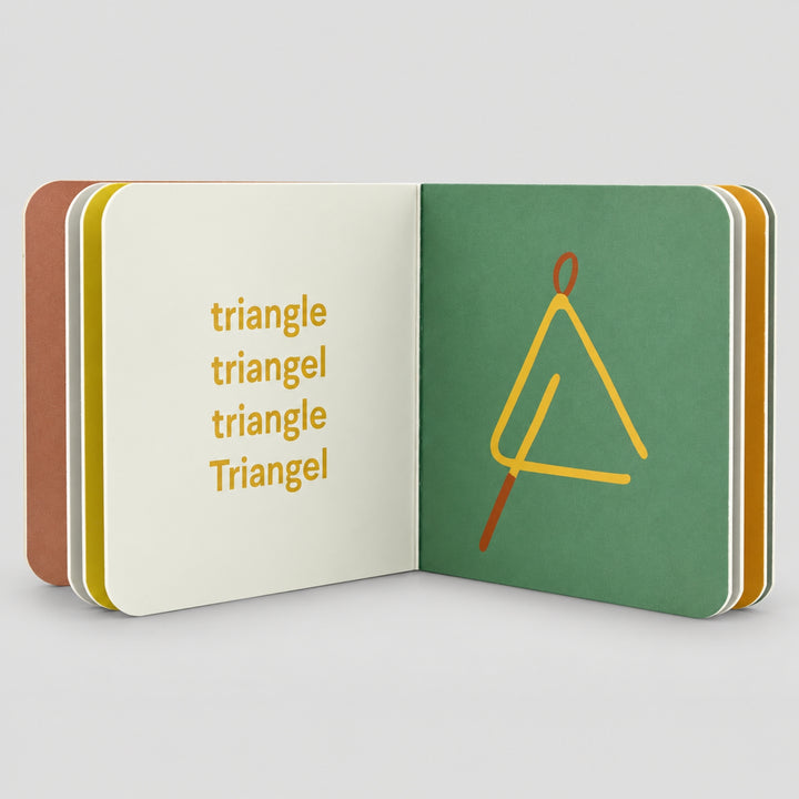 Open Trixie Instruments board book with triangle illustration and multilingual words, toddler book UAE