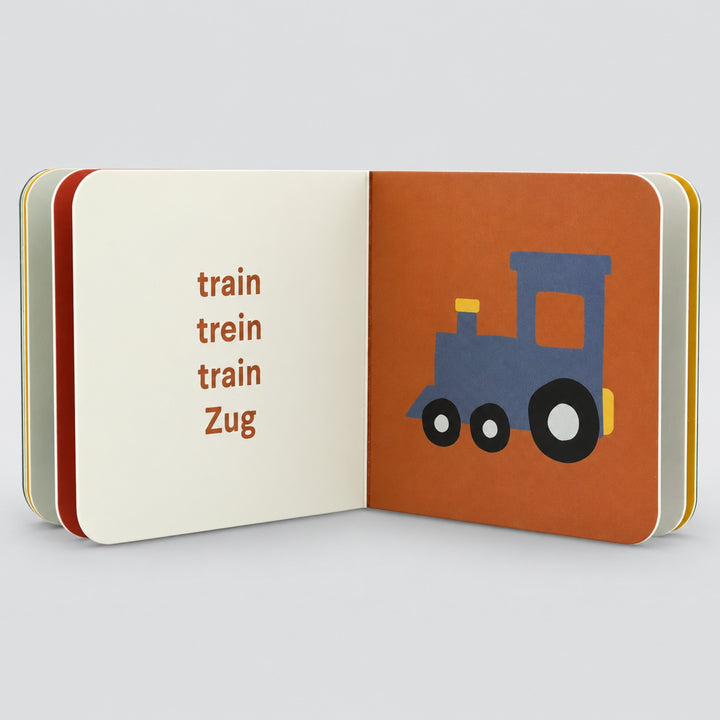 Open Trixie Vehicles board book with train illustration and multilingual words, toddler learning book UAE