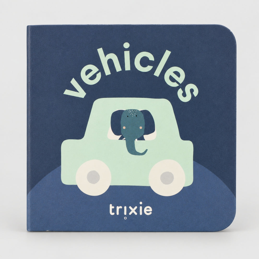Trixie Vehicles board book with elephant car illustration, first words learning book for babies UAE