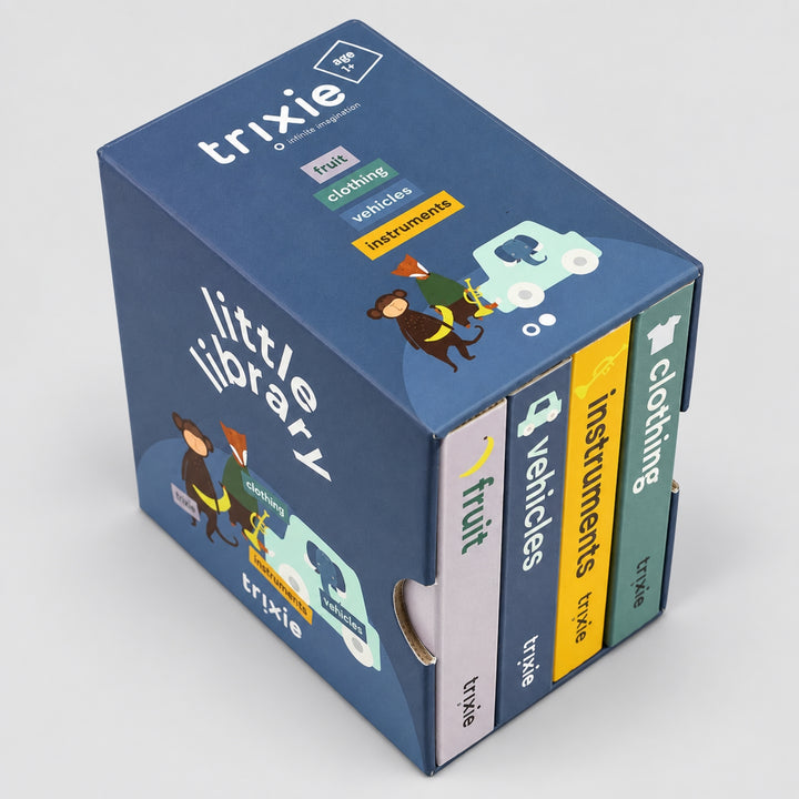 Trixie Little Library board book set with fruit, vehicles, instruments and clothing books, baby gift UAE