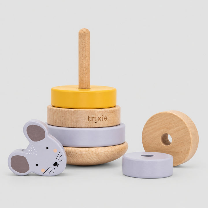 Trixie Mouse wooden stacking toy in lilac and yellow, developmental toddler toy UAE