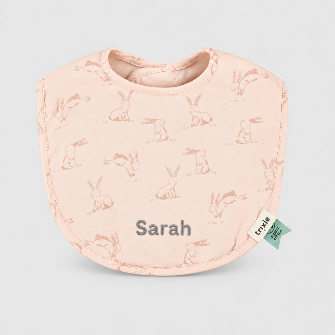 Personalised pink Trixie bunny print baby bib with Sarah embroidered, UAE