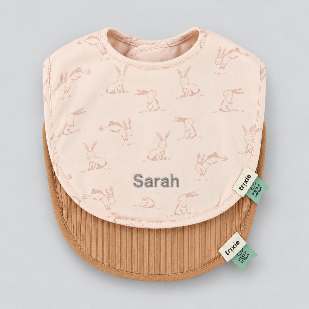 Personalised Trixie baby bib set in pink and brown with Sarah embroidered, baby gift UAE