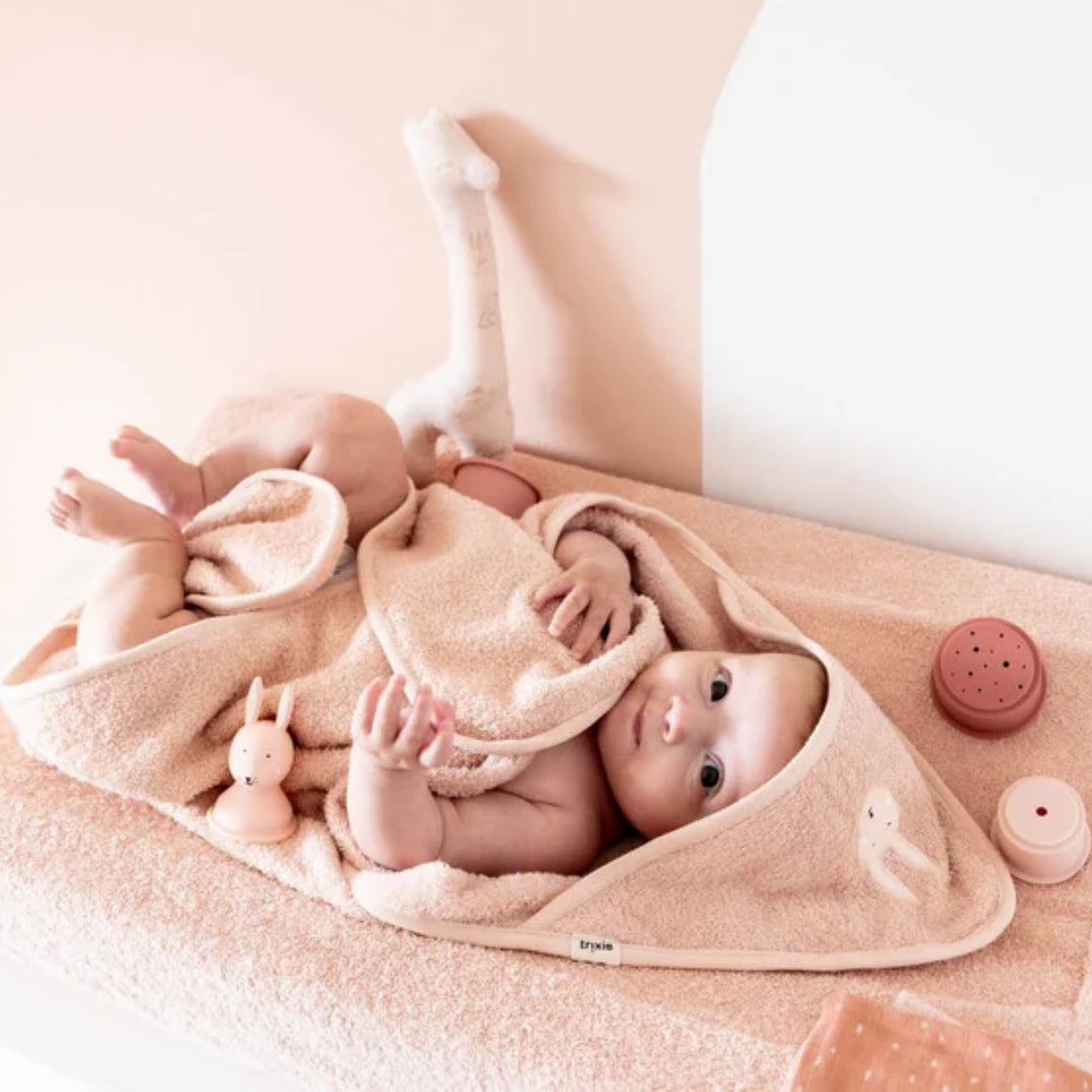 Newborn wrapped in Trixie Rabbit hooded towel, soft baby bath towel UAE