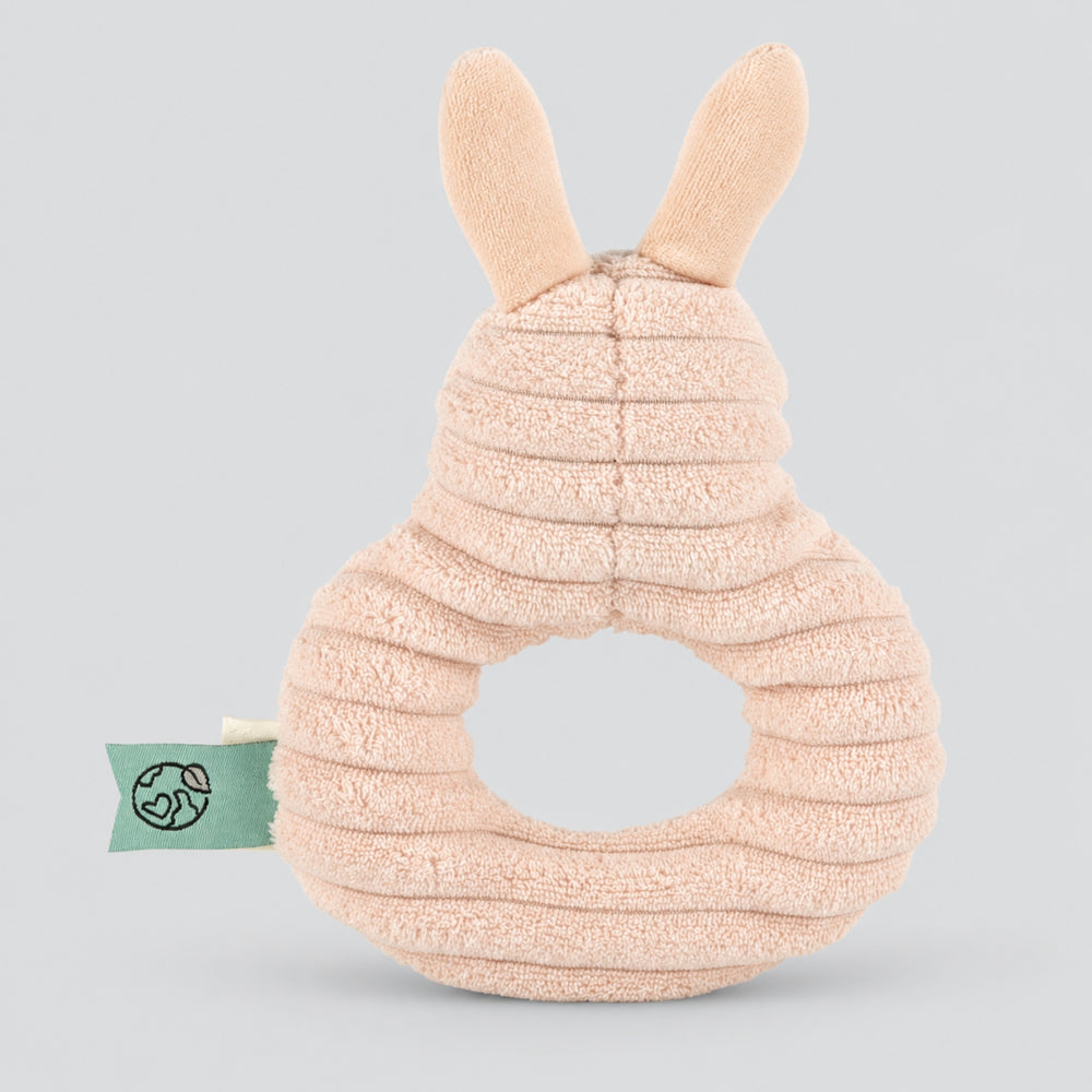 Back view of Trixie Rabbit soft ring rattle with textured fabric and bunny ears, baby toy UAE