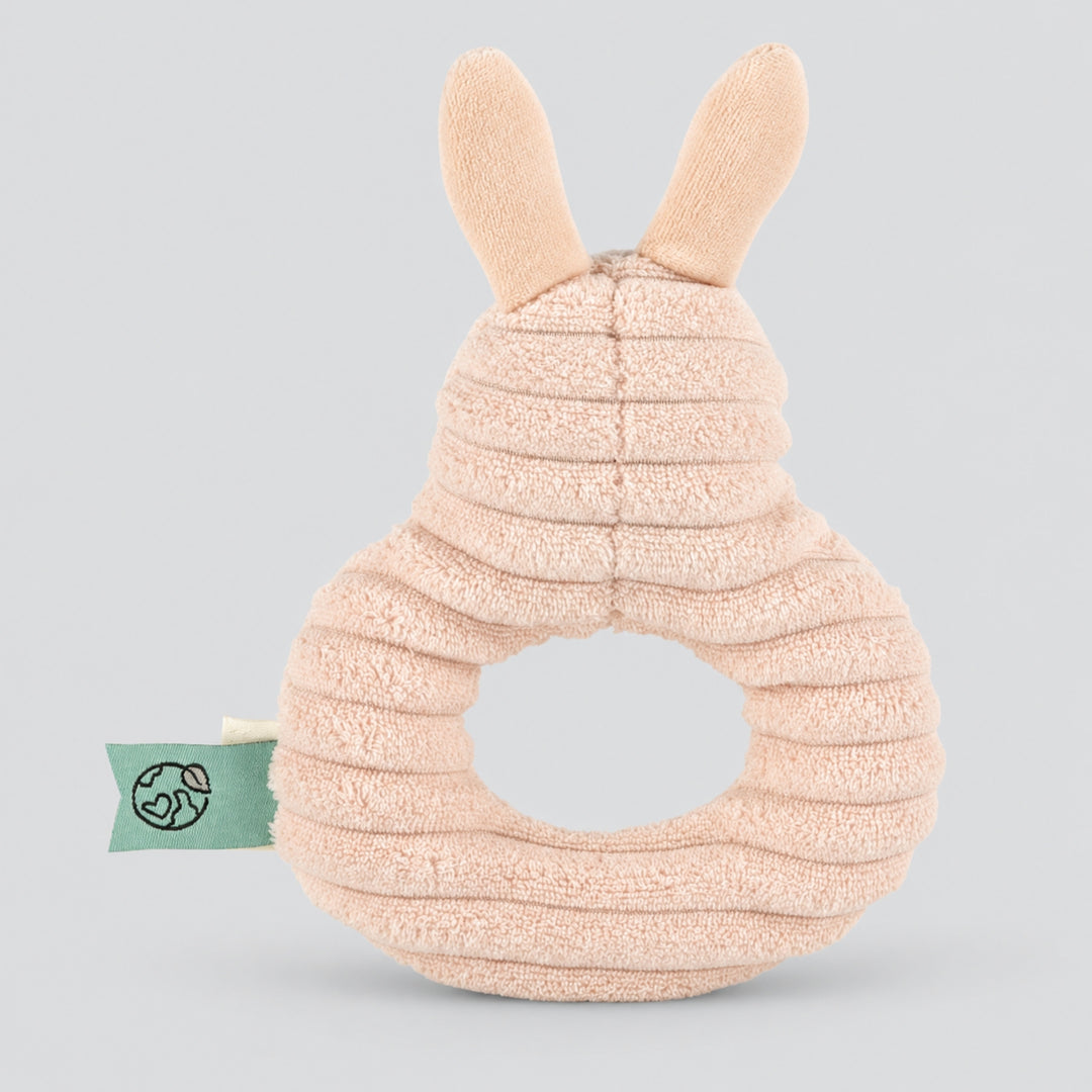 Back view of Trixie Rabbit soft ring rattle with textured fabric and bunny ears, baby toy UAE
