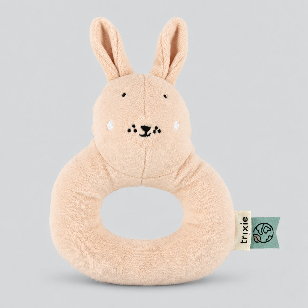 Trixie Rabbit soft baby rattle in light pink with ring handle, sensory toy UAE