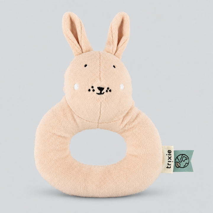 Trixie Rabbit soft baby rattle in light pink with ring handle, sensory toy UAE