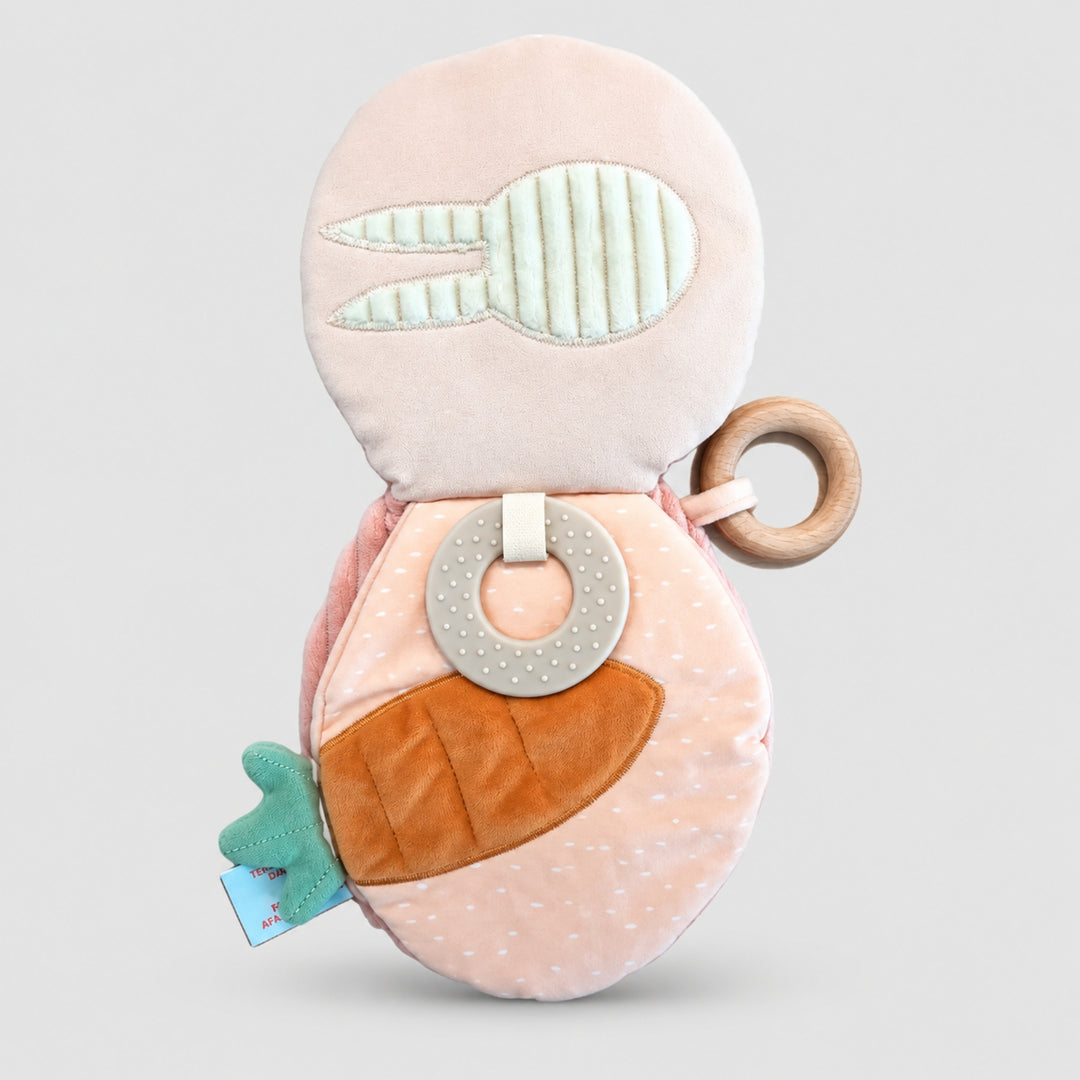 Open Trixie Rabbit sensory book with teething ring and soft activity details, baby gift UAE