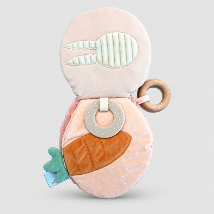 Open Trixie Rabbit sensory book with teething ring and soft activity details, baby gift UAE