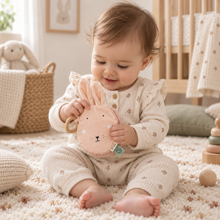 Baby playing with Trixie Rabbit sensory activity book in a nursery, baby toy UAE