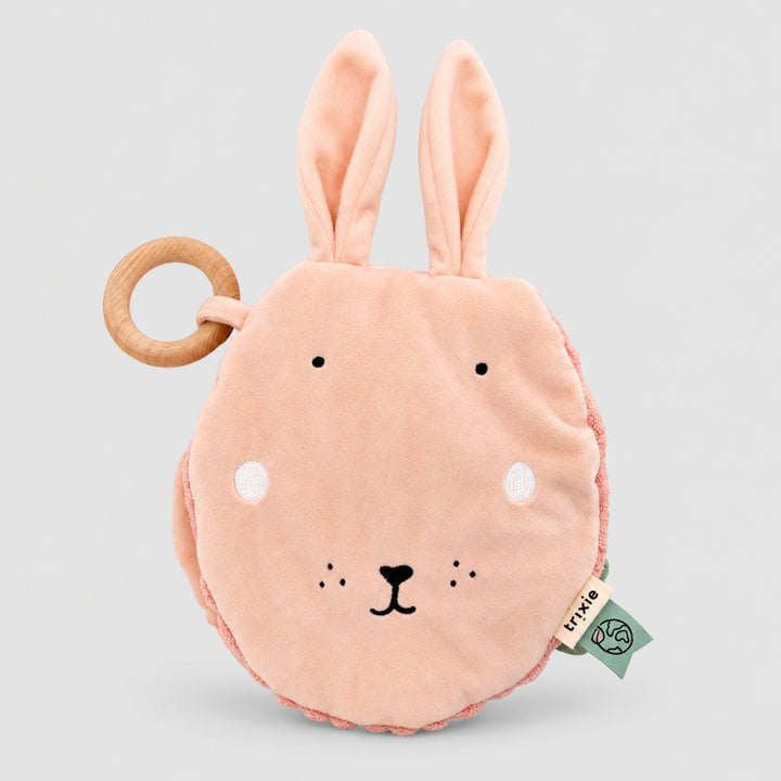 Trixie Rabbit sensory activity book in pink with wooden teething ring, baby toy UAE