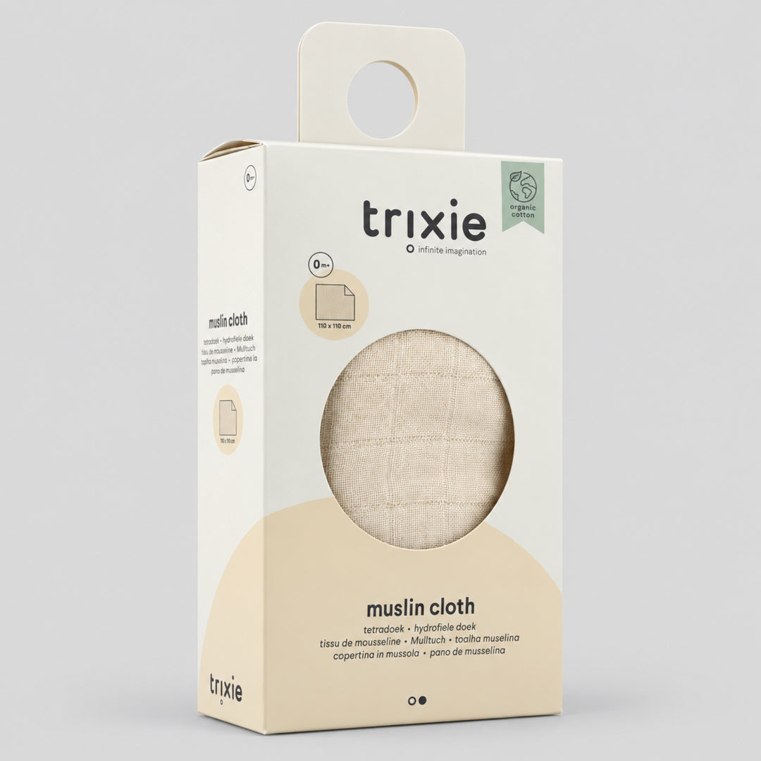 Trixie organic cotton muslin swaddle in beige packaging, baby essential UAE
