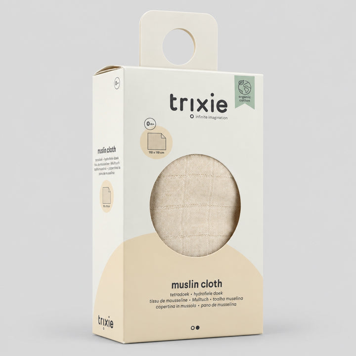 Trixie organic cotton muslin swaddle in beige packaging, baby essential UAE