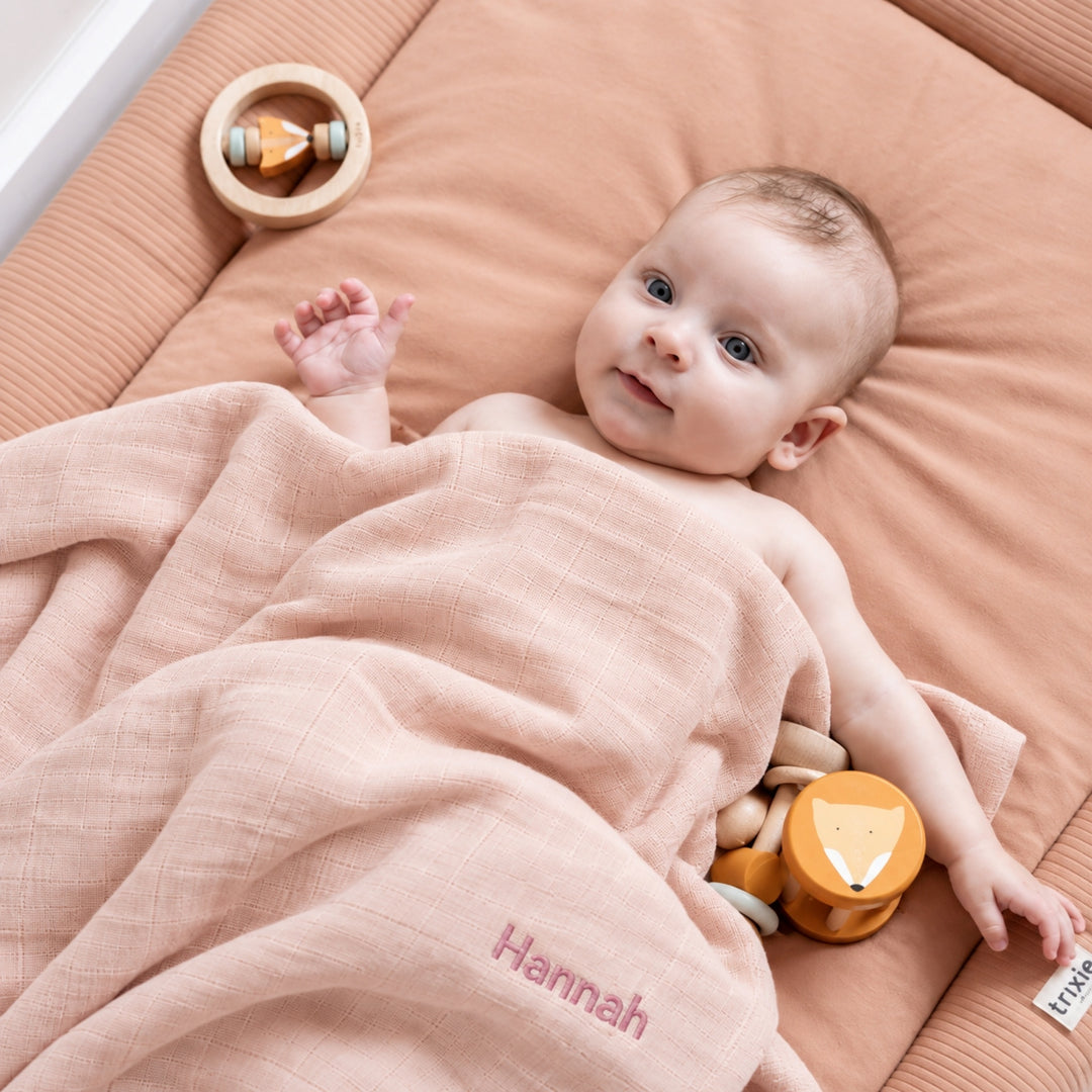 Personalised pink Trixie muslin swaddle with Hannah embroidered, newborn baby blanket UAE