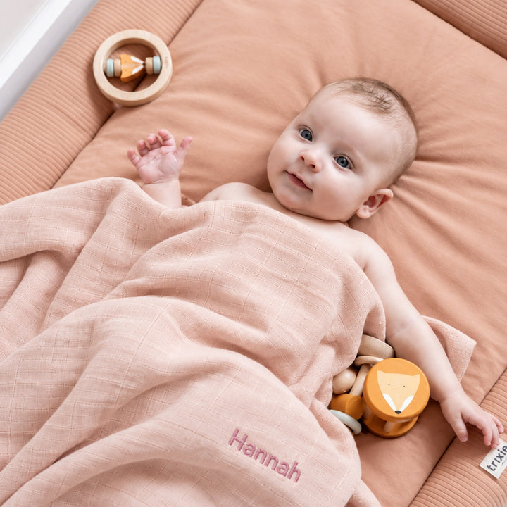 Personalised pink Trixie muslin swaddle with Hannah embroidered, newborn baby blanket UAE