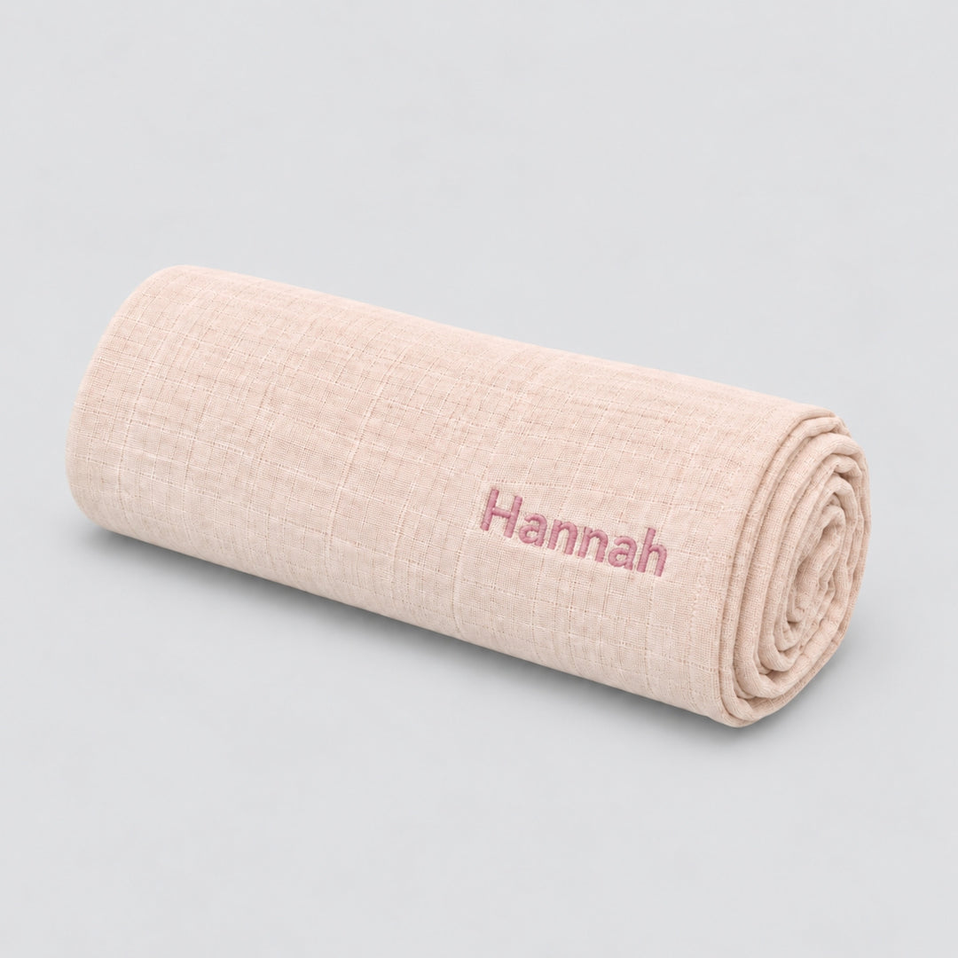 Personalised pink Trixie muslin swaddle with Hannah embroidered, soft baby blanket UAE