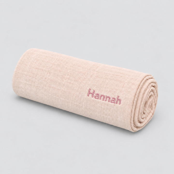 Personalised pink Trixie muslin swaddle with Hannah embroidered, soft baby blanket UAE