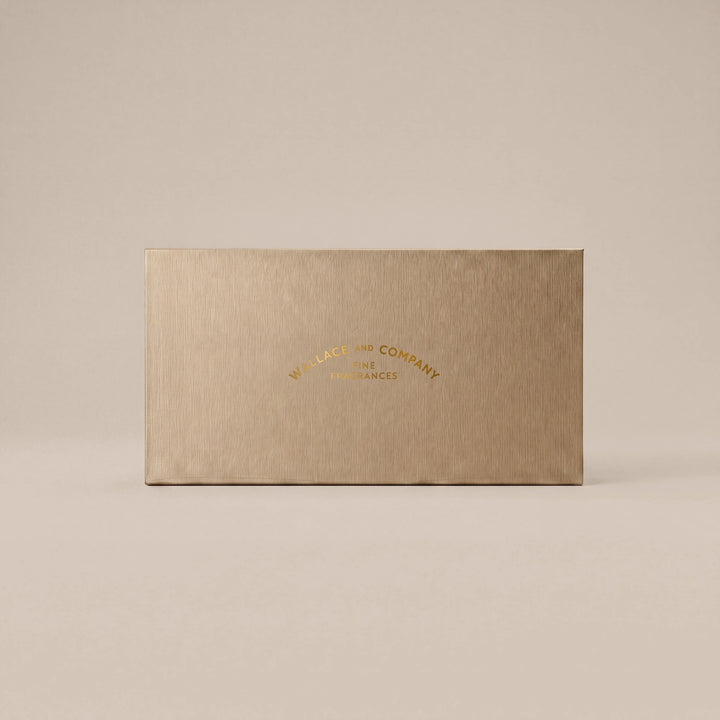 Wallace & Company Discovery Set in a closed beige gift box with an elegant gold logo.
