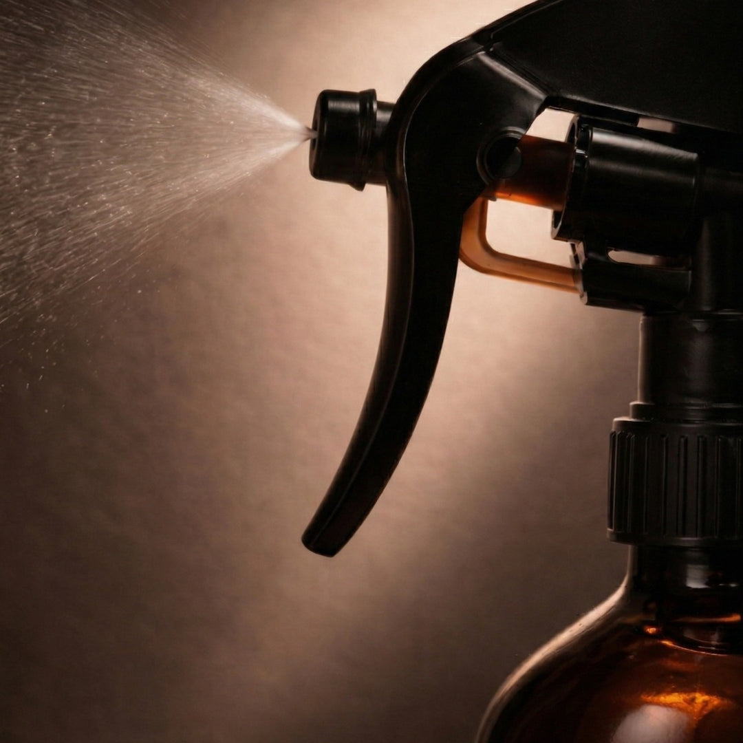 Close-up of a black perfume mist trigger spraying a fine, even mist from an amber glass bottle.