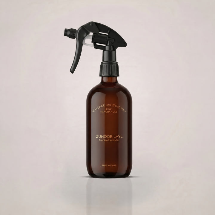 Wallace & Company Zuhoor Layl Arabian Lavender Perfume Mist in an amber glass spray bottle with a black trigger.