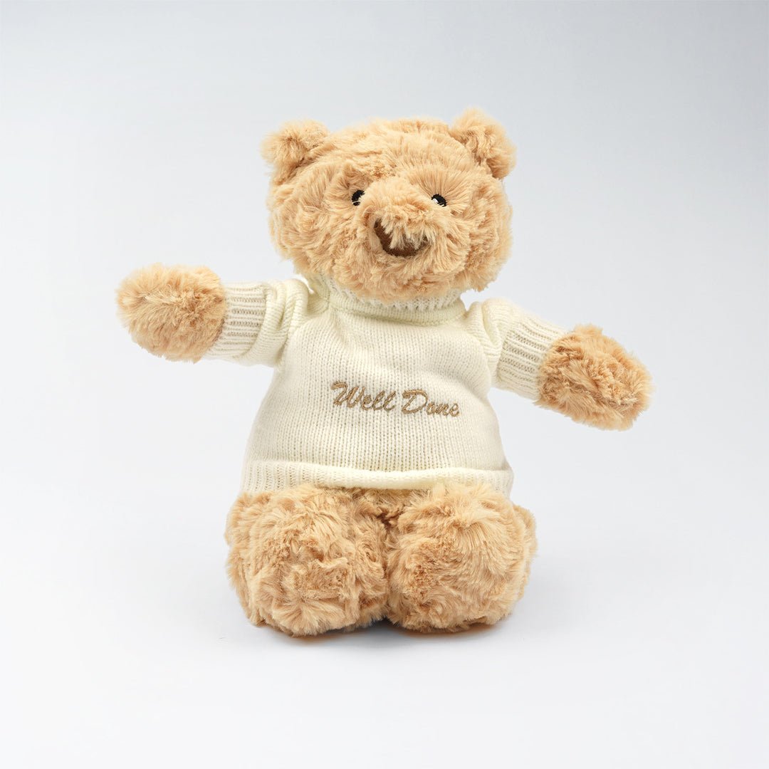 Personalised Teddy Bear Gift with "Well done" Embroidered on Shirt