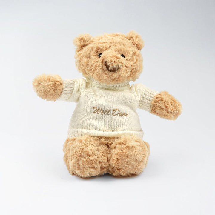 Personalised Teddy Bear Gift with "Well done" Embroidered on Shirt