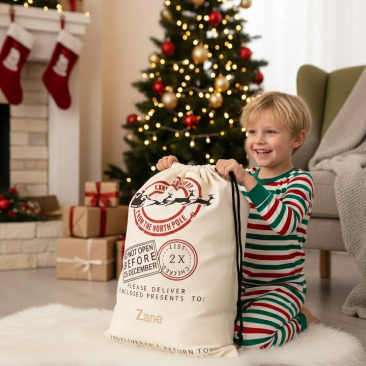 Child in pajamas holding a large Christmas present sack in a festive living room with a tree and stockings.