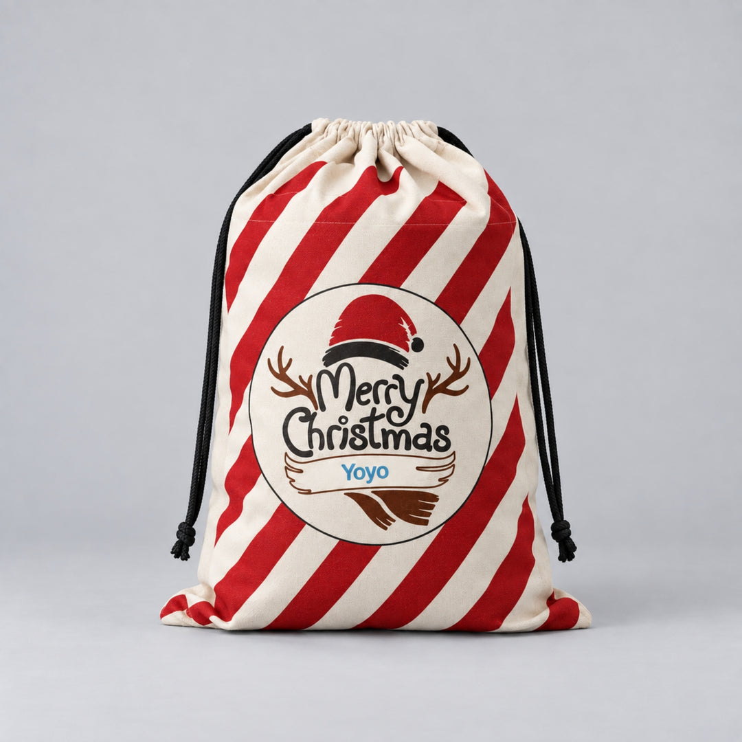 Personalised cream and red striped Christmas sack with “Merry Christmas” design and the name “Yoyo”.