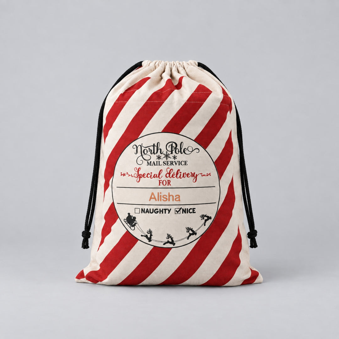 Personalised cream and red striped Christmas sack with North Pole Mail Service and Special Delivery design, finished with the name “Alisha”.